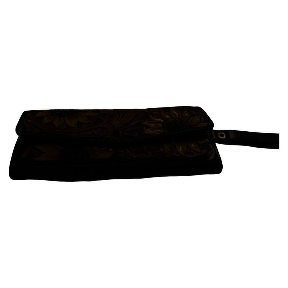 Hand Tooled Leather Sunflower Wallet Wristlet Black Brown Floral Western Boho - Picture 2 of 14